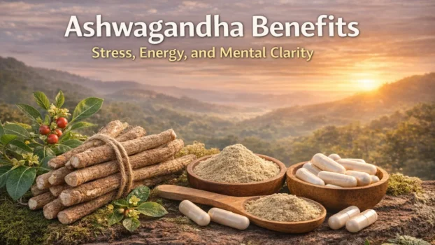 Ashwagandha root powder and capsules used in stress balance and cognitive support supplements